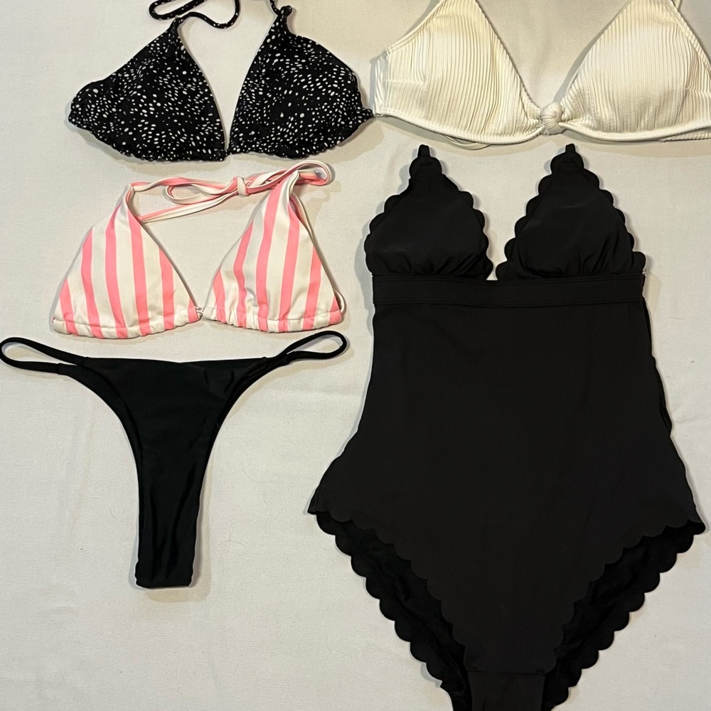 Hollister White Ribbed Swim Top Pink Striped Black Dots Tops Black Thong Bottom